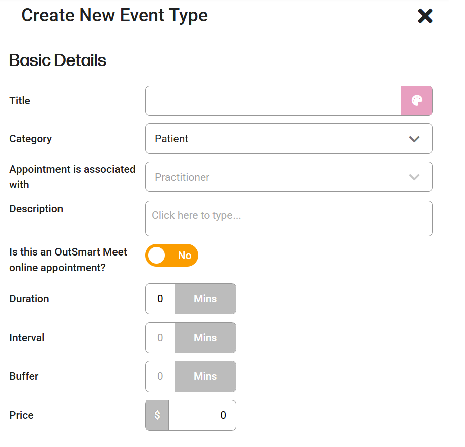 How to create a new event or service type - shows the 'Create new event type' panel. 